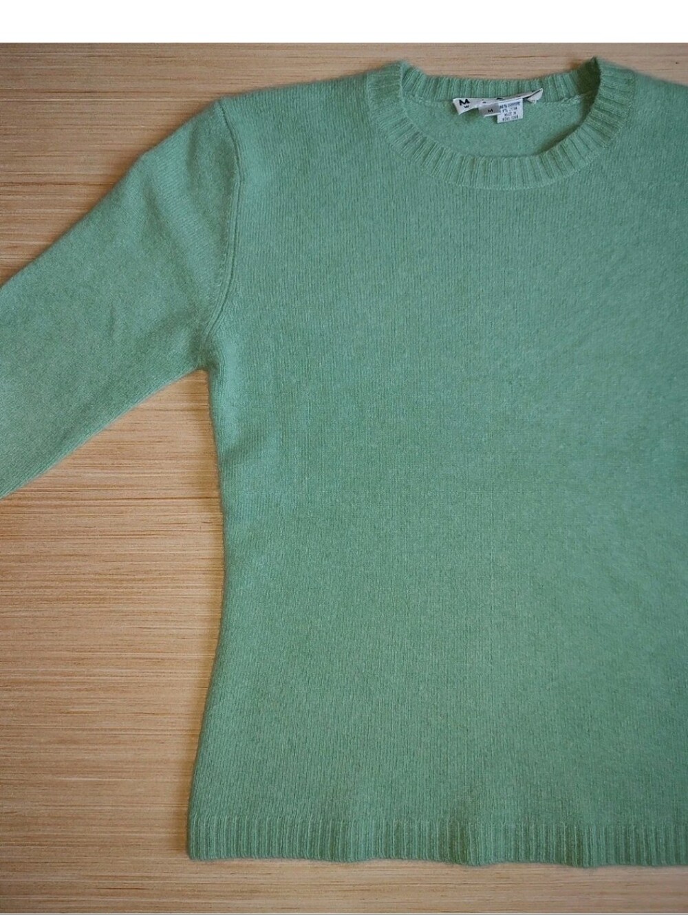MAD M.A.D. 100% Cashmere Pullover Sweater Green Knit 3/4 Sleeve Mint Crew Neck M - Picture 6 of 16